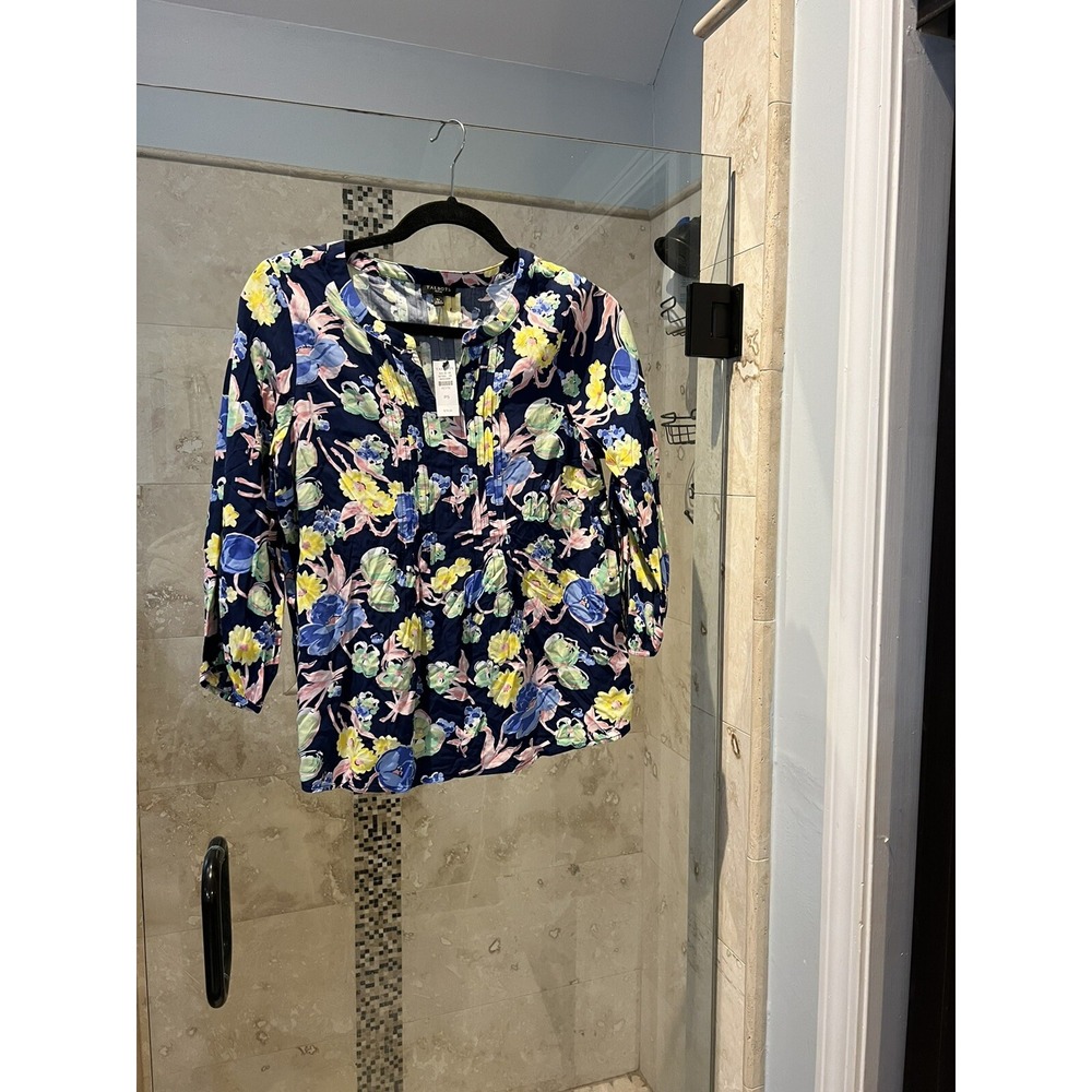 Talbots Floral Blouse Split Neck 3/4 Sleeve Pink Blue Yellow Petite Small NWT